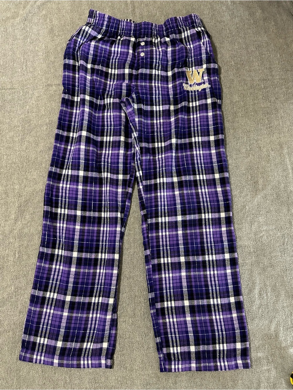 Women’s Purple Plaid Flannel Lounge Pajama Pants with Gold W Emblem